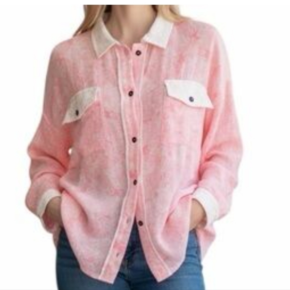 POL Lace Trim Oversized Shirt Size S Pink and White Button-up Top Pockets Casual